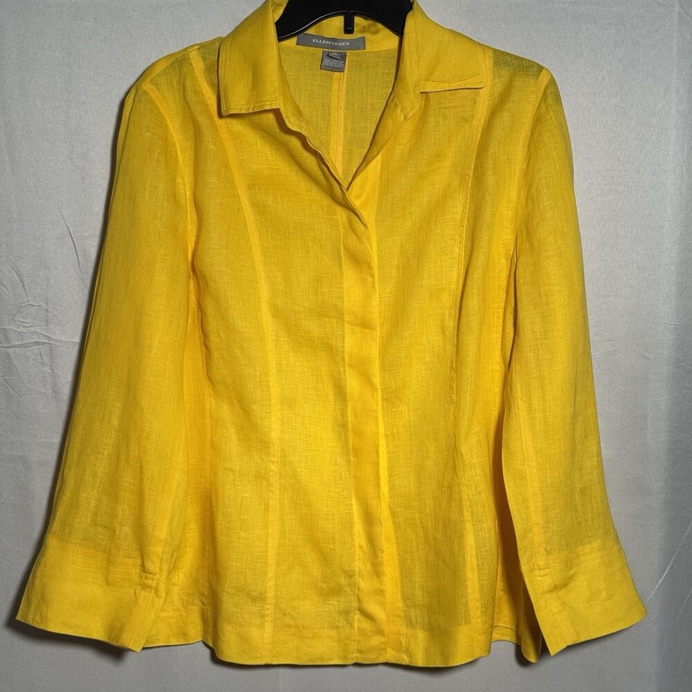 Ellen Tracy Canary Yellow Linen Button-Front Blouse